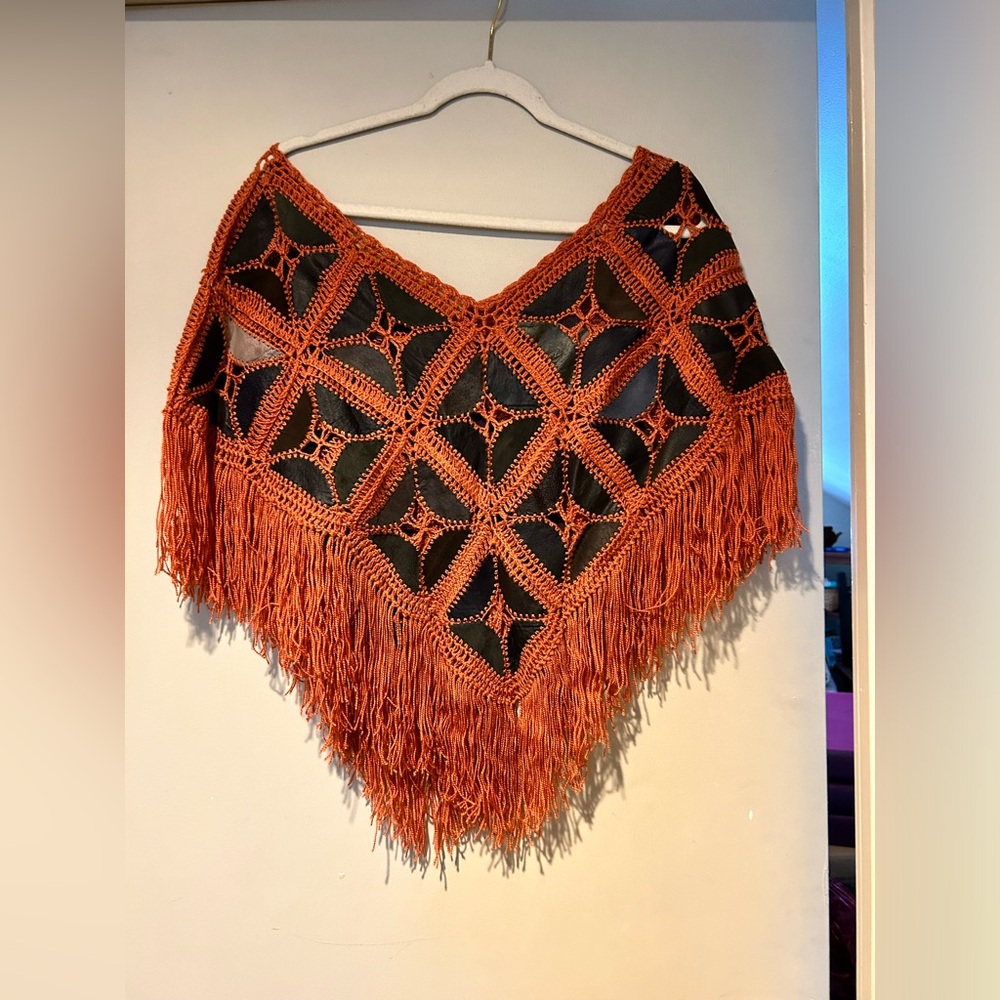 Retro Handknit Leather Patch Poncho